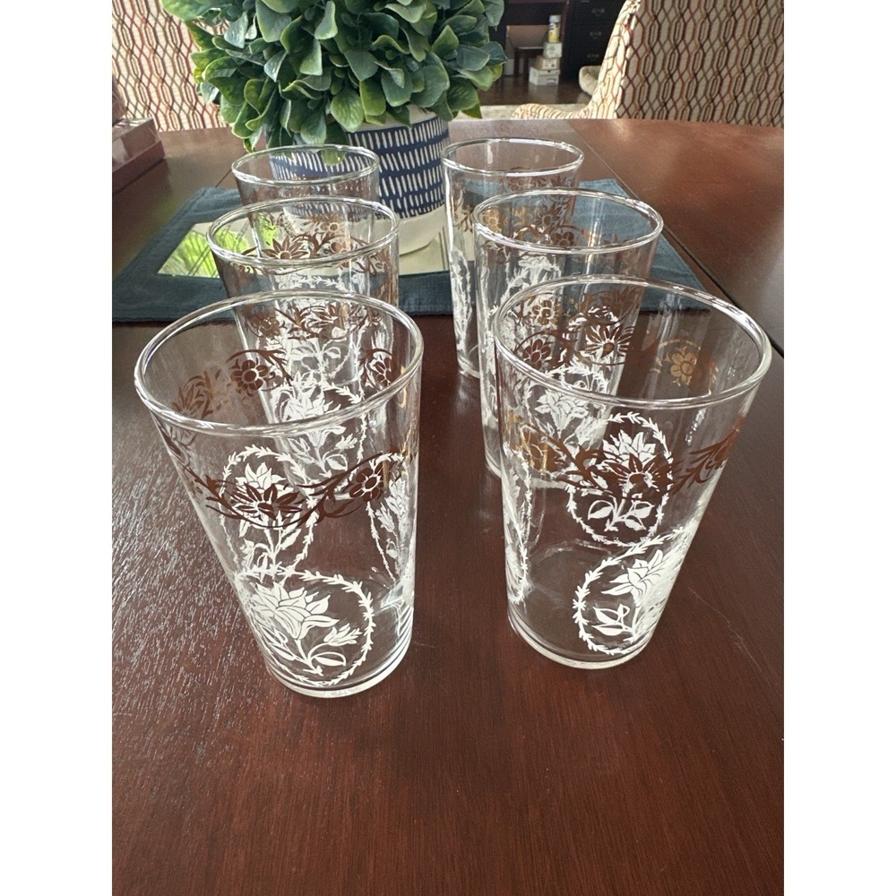 Federal Glass Highball Tumblers‎ Set of 6 Gold Floral Garland White Enamel MCM